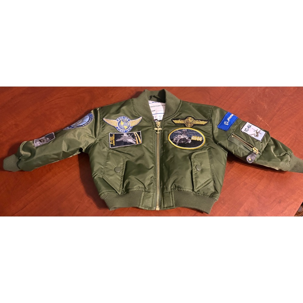 Boeing Kids Authentic Flight Jacket MA-1 Bomber Olive Green Patches 2T S